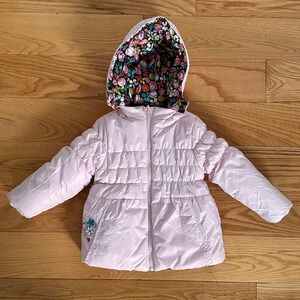 Boboli Reversible Puffer Jacket Girls Pink Floral Print Hooded Size 3 98cm